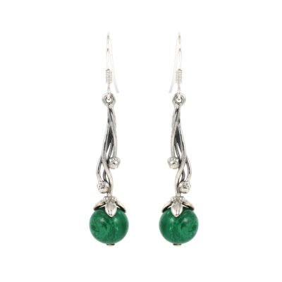 Sterling Silver Drop Earrings with Green Stone Beads – Nature-Inspired Design